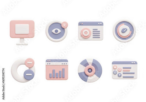 Fototapeta Variety of 3d icons for business analytics, finance, and digital strategy, isolated on transparent background