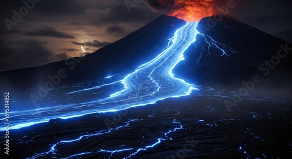 Fototapeta Dramatic volcanic eruption unleashes glowing blue lava flow under a cloudy night sky with crescent moon