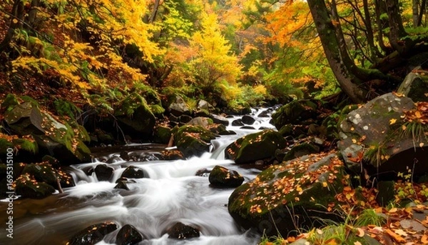Fototapeta Autumnal stream flowing through a colorful forest
