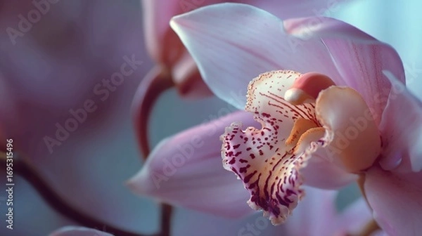 Fototapeta Close-up of a delicate pink orchid with intricate patterns on its petals.