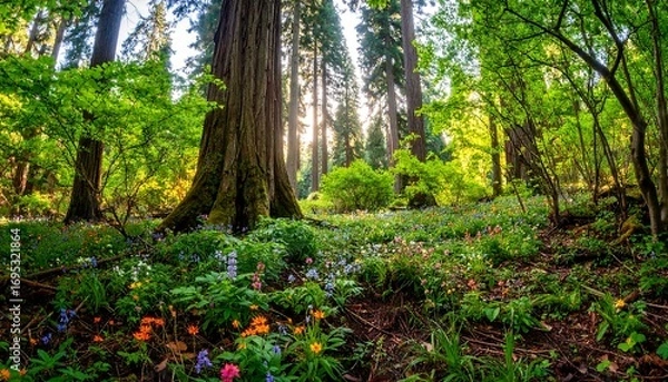 Fototapeta Enchanting Redwood Forest Scene with Wildflowers and Sunlit Canopy