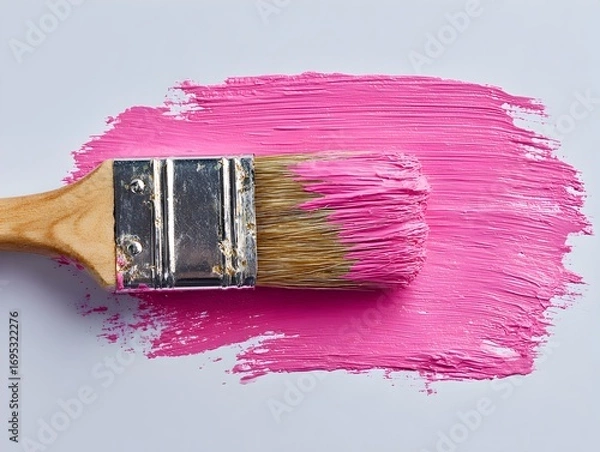 Fototapeta Close up shows a paintbrush with pink paint on a white surface, displaying vibrant color and texture detail.