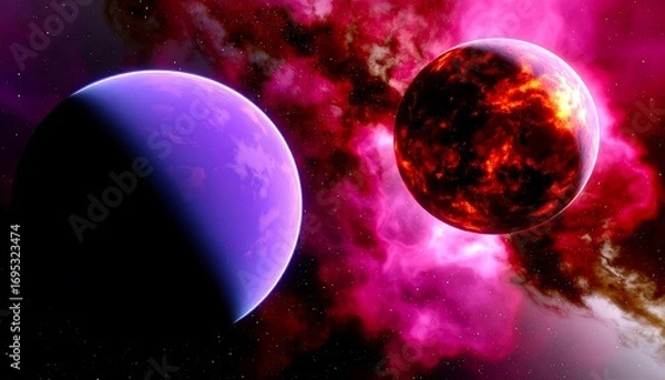 Fototapeta Cosmic Dance: A fiery planet and a serene one grace the vibrant nebula landscape