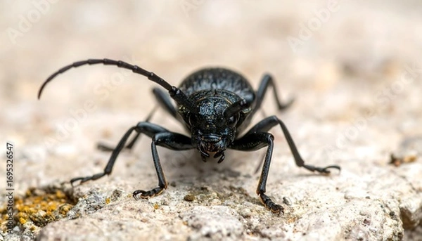 Fototapeta Close-up of a black longhorn beetle on stone