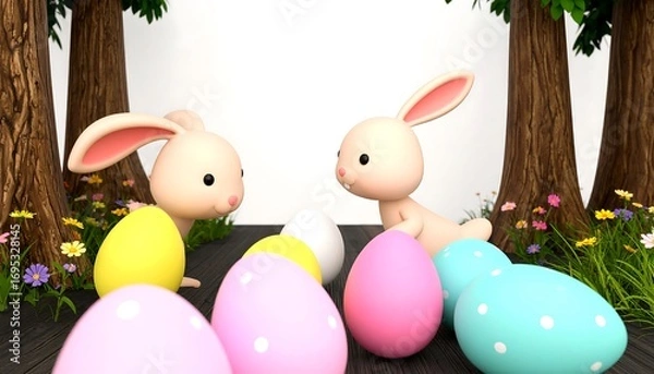 Fototapeta Cute cartoon Easter bunnies and colorful eggs in a whimsical forest scene