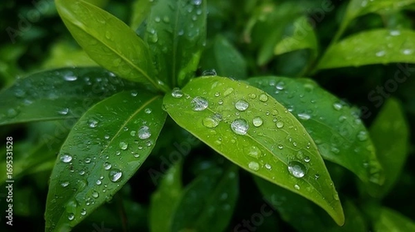 Fototapeta A detailed close-up of vibrant green leaves covered in glistening water droplets after a refreshing rain shower.