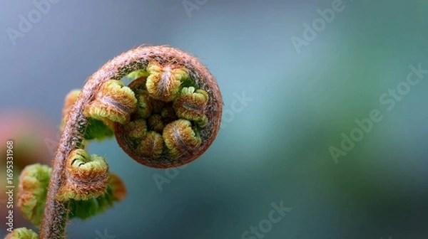 Fototapeta Close-up of a curled fern frond, showcasing its intricate spiral pattern and textured surface against a blurred green background.