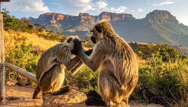 Fototapeta Two monkeys interacting in a mountain landscape