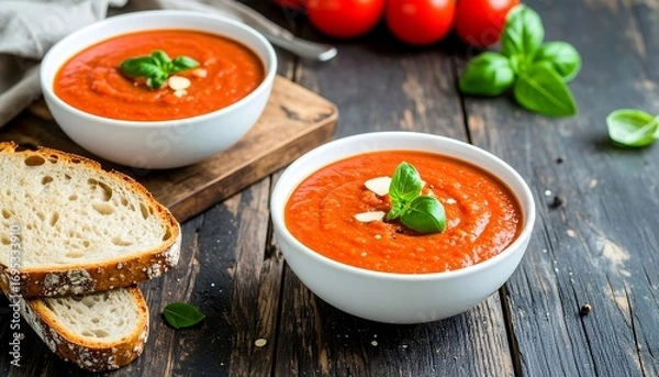 Fototapeta Delicious and creamy tomato soup with fresh basil served on rustic wood table