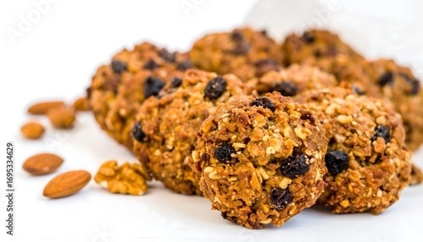 Fototapeta Delicious and Healthy Oatmeal Raisin Cookies with Nuts on a White Background