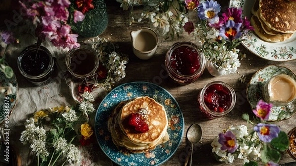 Obraz A rustic wooden table adorned with a vibrant floral arrangement, featuring stacks of fluffy pancakes topped with berries and various jars of fruit preserves, creating a delightful breakfast spread.