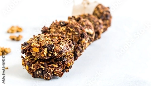 Fototapeta Delicious homemade chocolate chip cookies with nuts on a white background ready to eat