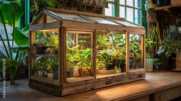 Fototapeta A beautifully illuminated miniature wooden and glass greenhouse filled with various thriving houseplants on a rustic table.