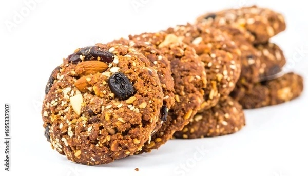 Fototapeta Delicious Homemade Oatmeal Cookies with Nuts and Raisins on White Background