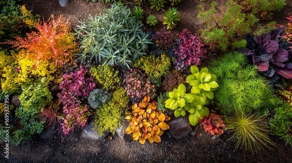 Fototapeta A vibrant and diverse garden bed showcasing a rich tapestry of colorful plants and textures.