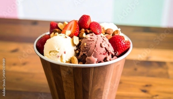 Fototapeta Delicious summer ice cream dessert served in a paper cup with strawberries