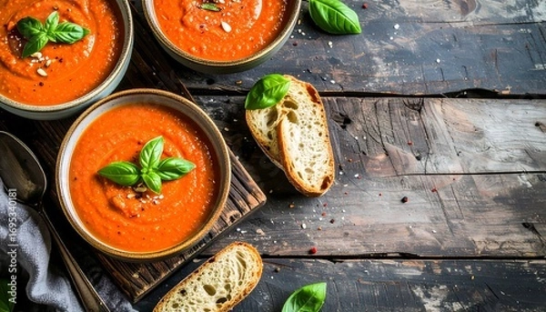 Fototapeta Delicious tomato soup with fresh basil and crusty bread on a rustic table
