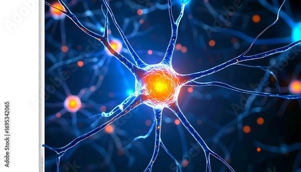 Fototapeta Digital illustration of neuron cells with axon terminals for scientific background