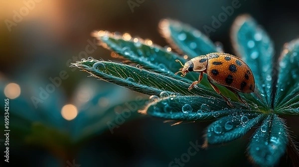Fototapeta Ladybug on a green leaf with water droplets in a blurred background.