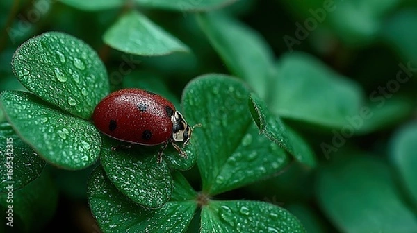 Fototapeta Ladybug sits on green clover leaves with water droplets close up.