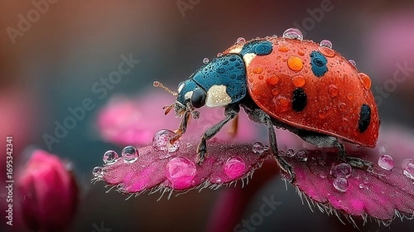 Fototapeta Ladybug on pink flower with water droplets close-up macro insect nature.