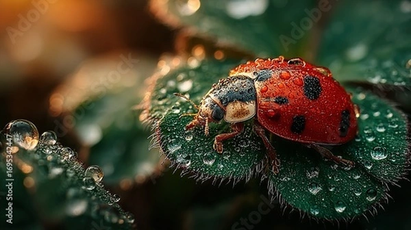 Fototapeta Ladybug with water droplets on green leaves in nature close-up view.