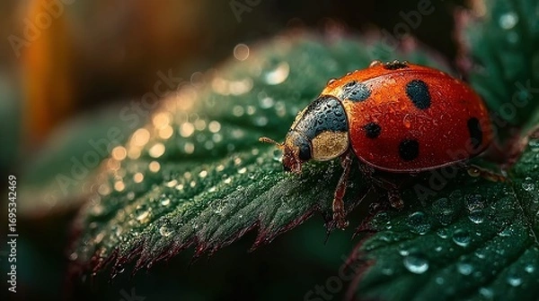 Fototapeta Ladybug sits on a green leaf covered in water droplets close up.
