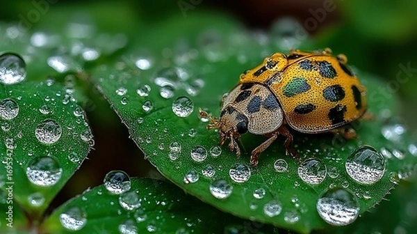 Fototapeta Yellow ladybug with black spots on green leaf covered in water droplets.