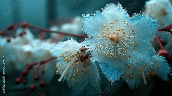 Fototapeta Close up of white blossoms on a branch with a blurred background.
