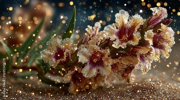 Fototapeta Flowers with red centers and light petals on a speckled surface.