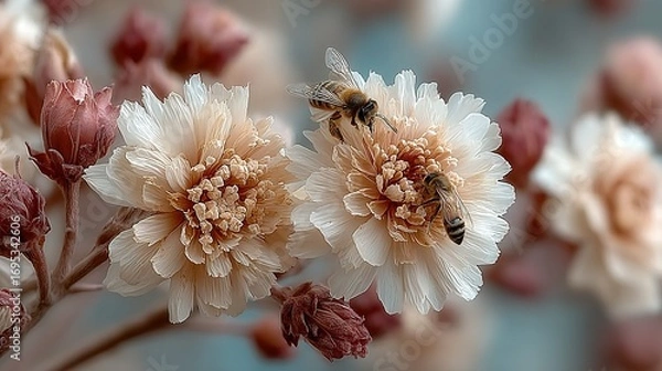 Fototapeta Two flowers with bees on them surrounded by buds against a blurred background.