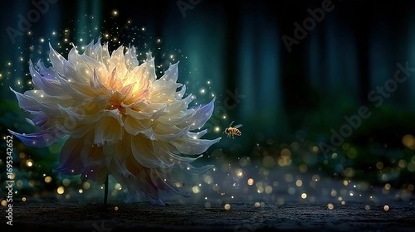 Fototapeta Large flower with glowing particles in a dark forest whimsical fantasy setting.