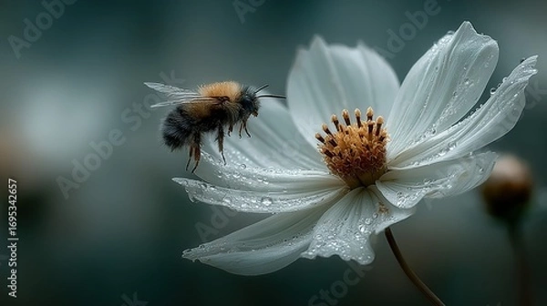 Fototapeta Bee approaching a white flower with water droplets in a blurred background.