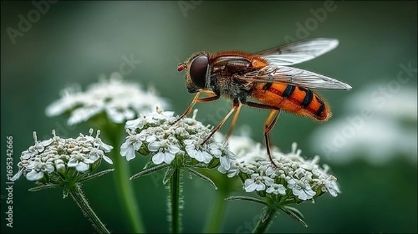 Fototapeta Hoverfly on white flowers in a field with blurred green background.