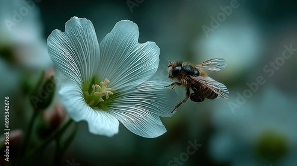 Fototapeta Fly near a white flower with a blurred background nature scene.