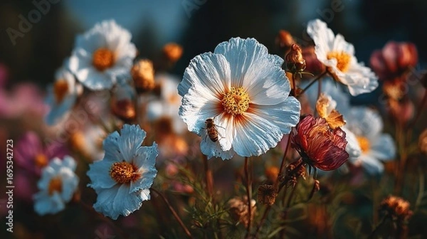 Fototapeta White flowers with yellow centers bloom in a field with blurred background.