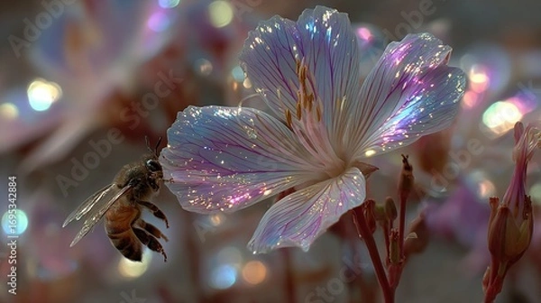 Fototapeta A bee approaches a flower with iridescent petals in a soft focus setting.
