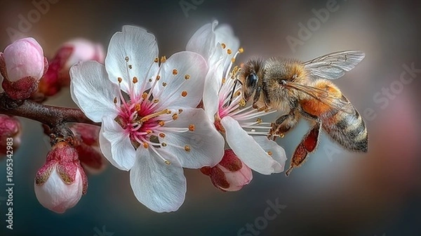 Fototapeta A bee on a flowering branch with pink buds and white petals.