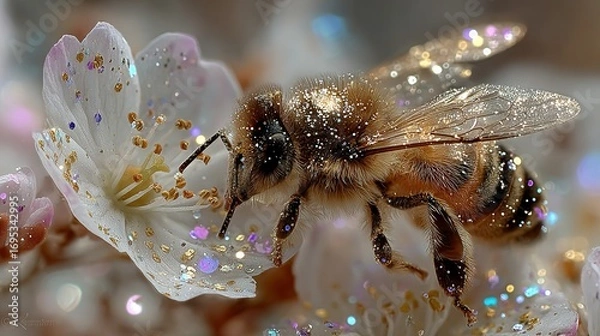 Fototapeta Bee on flower with pearls and glitter close up macro shot.