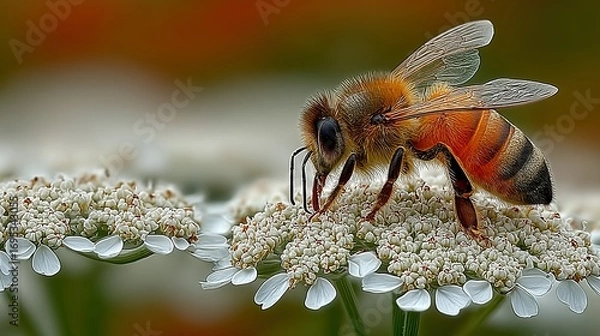 Fototapeta A bee sits on a small white flower with a blurred background.