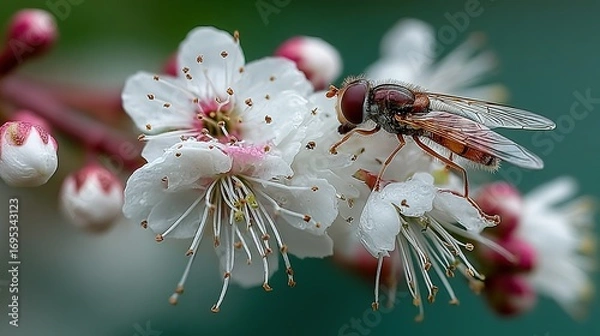 Fototapeta Fly on a white flower with pink center and buds in background.