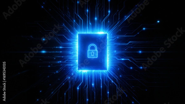 Fototapeta 밝은 푸른 빛으로 강조된 디지털 자물쇠와 전자회로 보안 개념 이미지