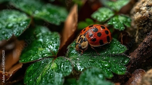 Fototapeta Ladybug rests on green leaves with water droplets in a natural setting.