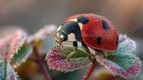 Fototapeta Ladybug on frosted leaves close up red and black insect nature.