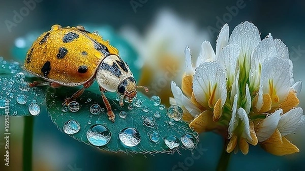 Fototapeta Yellow ladybug with black spots on a leaf with water droplets.