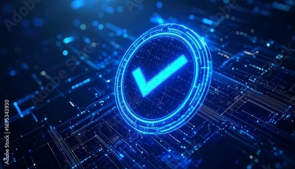 Fototapeta Digital verification concept with a glowing checkmark on circuit board background