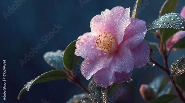 Fototapeta A delicate pink camellia flower covered in sparkling morning dew droplets against a soft, dark blue background.