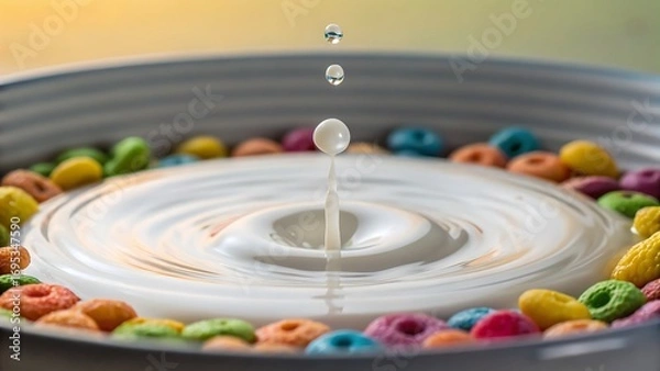 Fototapeta Bowl of cereal milk with drips and swirls, perfect for food packaging, advertisements, or social media posts. Delicious and eyecatching.