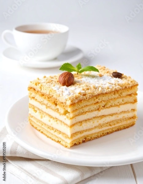 Obraz Creamy layered cake slice with nuts