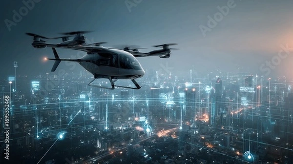 Fototapeta Futuristic electric vertical takeoff and landing aircraft flying over a glowing digital city network at dusk.